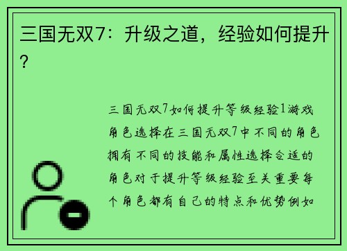 三国无双7：升级之道，经验如何提升？